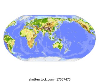 World physical vector map. Robinson projection, centered on Asia, colored according to elevation,  with contour lines, rivers and ocean depths, 22 layers, fully editable. Data source: NASA