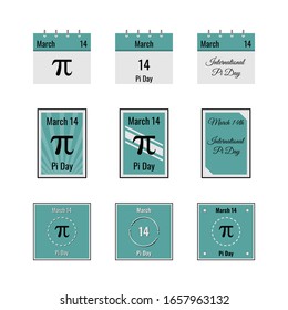 World Pi Day. Albert Einstein Day. Thematic pictures by March 14. Calendar sheet, poster on the wall, square stamp. Isolated illustration on white background. Flat style. Vector stock image