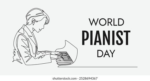 World Pianist Day. Woman playing piano. Beautiful female pianist with short hair. Editable line. Continuous one line drawing.