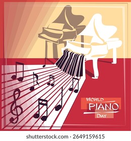 Design conceitual do Dia Mundial do Piano, 29 de março. Cartaz, cartão, inventar umas férias de música, festival musical, dia de música, música clássica ou festival de jazz