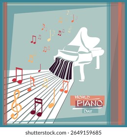 Design conceitual do Dia Mundial do Piano, 29 de março. Cartaz, cartão, inventar umas férias de música, festival musical, dia de música, música clássica ou festival de jazz