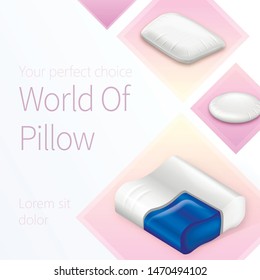 World of Pillow, Perfect Choice Square Banner, White Bed Room Orthopedic Latex Pillows, Cross Section View, Cushion with Contour Memory Foam, Advertising Flyer Mockup, Realistic 3d Vector Illustration