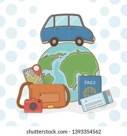 world planet with car and travel vacations items