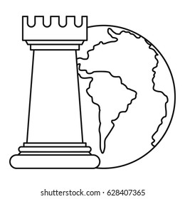 World planet and chess rook icon in outline style isolated on white background vector illustration