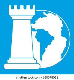 World planet and chess rook icon white isolated on blue background vector illustration