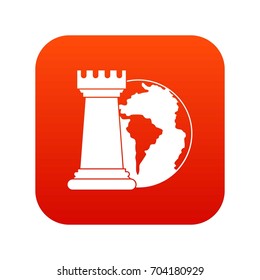 World planet and chess rook icon digital red for any design isolated on white vector illustration