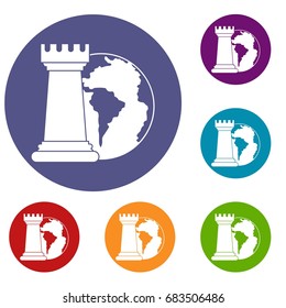 World planet and chess rook icons set