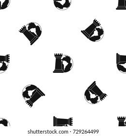 World planet and chess rook pattern repeat seamless in black color for any design. Vector geometric illustration