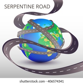 World planet circled by net of roads. Vector illustration. World travel globe concept. Serpentine road.