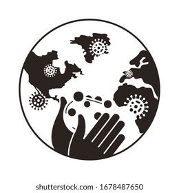 world planet with covid 19 set icons, line style icon vector illustration design