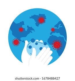 world planet with covid 19 set icons, flat style icon vector illustration design