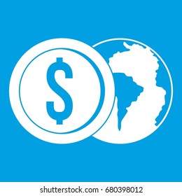 World planet and dollar coin icon white isolated on blue background vector illustration