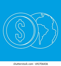 World planet and dollar coin icon blue outline style isolated vector illustration. Thin line sign