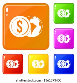 World planet and dollar coin icons set collection vector 6 color isolated on white background