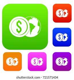 World planet and dollar coin set icon color in flat style isolated on white. Collection sings vector illustration