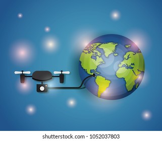 world planet with drone connection