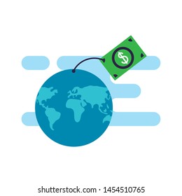 world planet earth with bills dollars