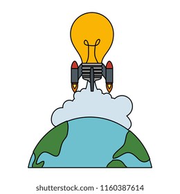 world planet earth with bulb rocket flying