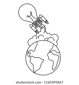 world planet earth with bulb rocket flying