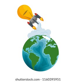 world planet earth with bulb rocket flying