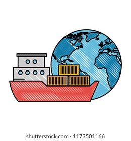 world planet earth with cargo ship