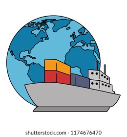 world planet earth with cargo ship