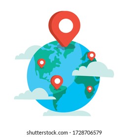 planetario mundial de la tierra con nubes y pins localizaciones de ilustraciones vectoriales