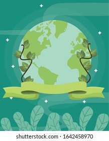 world planet earth with leafs plant vector illustration design