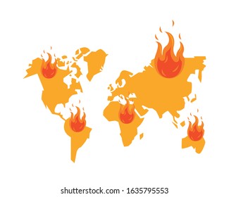 world planet earth maps with fire flame vector illustration design
