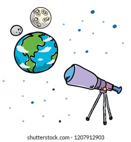 world planet earth with moon and telescope