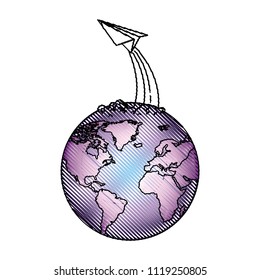 world planet earth with paper airplane