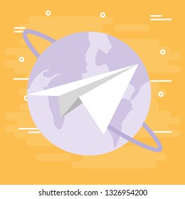 world planet earth with paper airplane