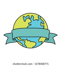 world planet earth with ribbon frame vector illustration design