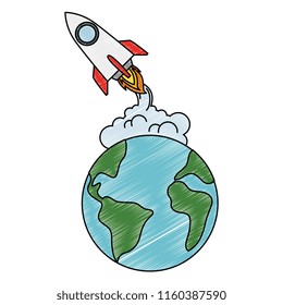 world planet earth with rocket flying