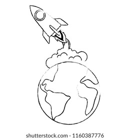 world planet earth with rocket flying