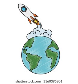 world planet earth with rocket flying