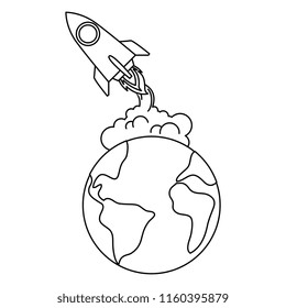 world planet earth with rocket flying