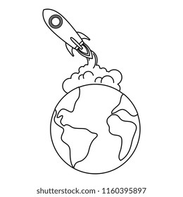 world planet earth with rocket flying