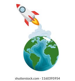 world planet earth with rocket flying