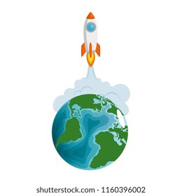 world planet earth with rocket flying