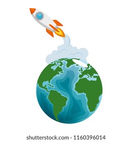 world planet earth with rocket flying