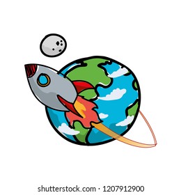 world planet earth with rocket and moon