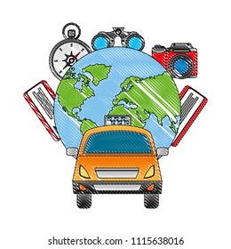 world planet earth with set tourism icons