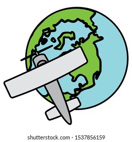 world planet earth with small plane vector illustration design