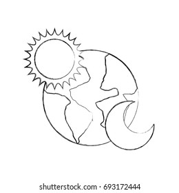 world planet earth with sun and moon
