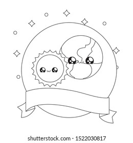 world planet earth with sun and ribbon decoration kawaii style vector illustration design