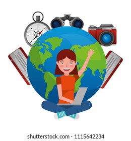 world planet earth with tourism set icons