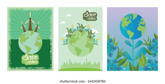 world planet earth with wind power turbines vector illustration design