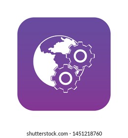 World planet and gears icon digital purple for any design isolated on white vector illustration