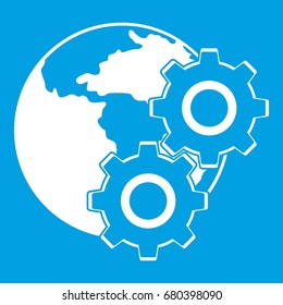 World planet and gears icon white isolated on blue background vector illustration